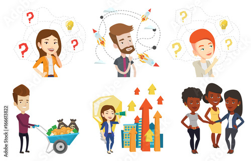 Caucasian woman having business idea. Businesswoman standing with question marks and light bulb above head. Business idea concept. Set of vector flat design illustrations isolated on white background.