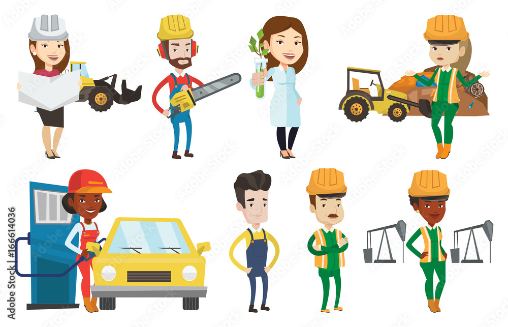 African worker filling up fuel into the car. Young woman working at the gas station. Young gas station worker refueling a car. Set of vector flat design illustrations isolated on white background. African worker filling up fuel into the car. Young woman working at the gas station. Young gas station worker refueling a car. Set of vector flat design illustrations isolated on white background.