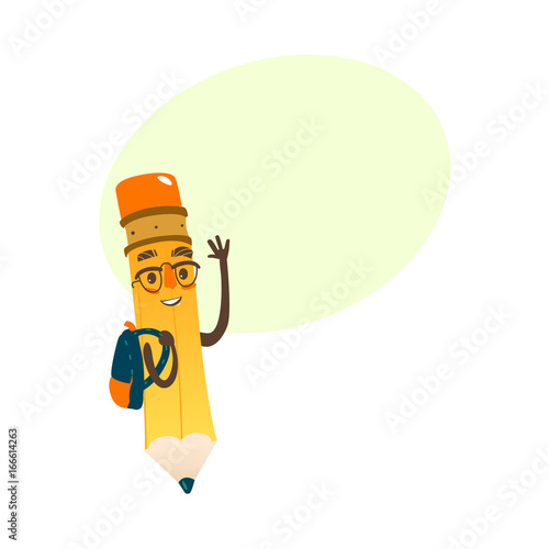 Vector cartoon humanized pencil with arms and face emotions, in glasses wearing schoolbag. Flat isolated illustration on a white background with speech bubble