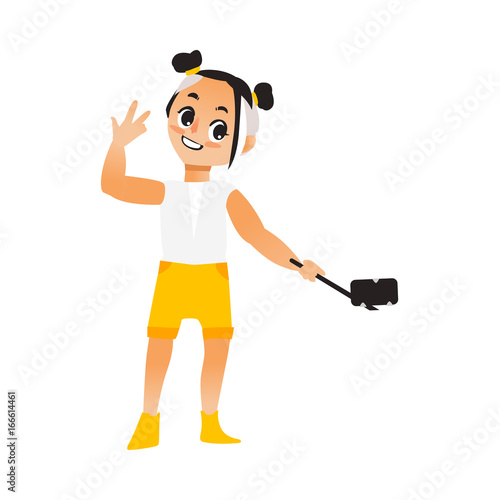 Vector child girl makes selfie .Flat cartoon style Isolated illustration on a white background. Young kid in shorts , t-shirt makes photo by selfie stick on vacation