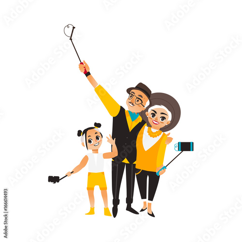 Vector adult couple and girl makes selfie. Isolated illustration on a white background. Man woman and kid, child in fashion clothing makes photo by selfie stick on vacation