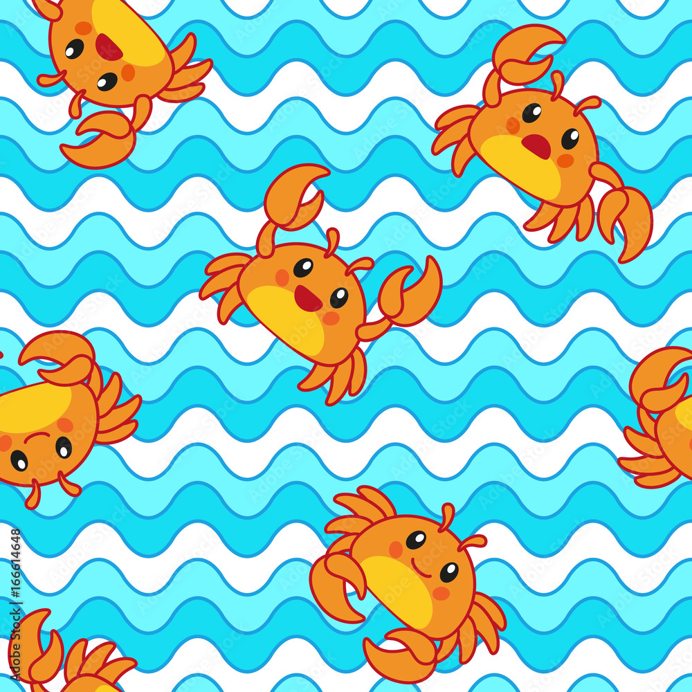 Seamless pattern design of a funny red crab on a blue surface Seamless pattern design of a funny red crab on a blue surface