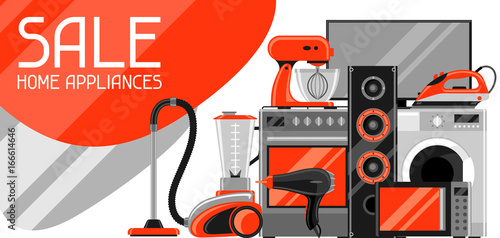 Sale banner with home appliances. Household items for shopping and advertising flyer