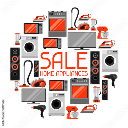 Sale background with home appliances. Household items for shopping and advertising flyer