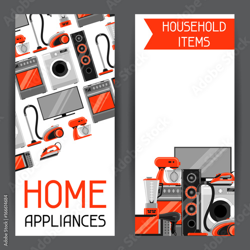 Banners with home appliances. Household items for sale and shopping advertising poster