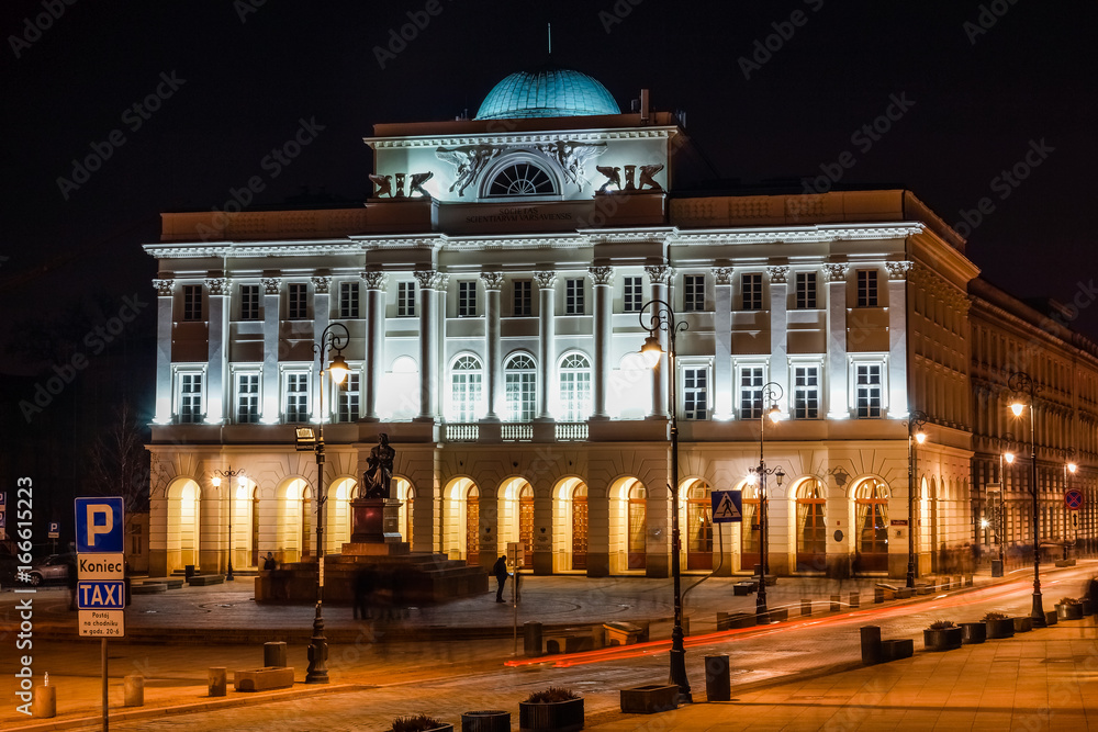 Night view on the Staszic Palace in Warsaw, Poland