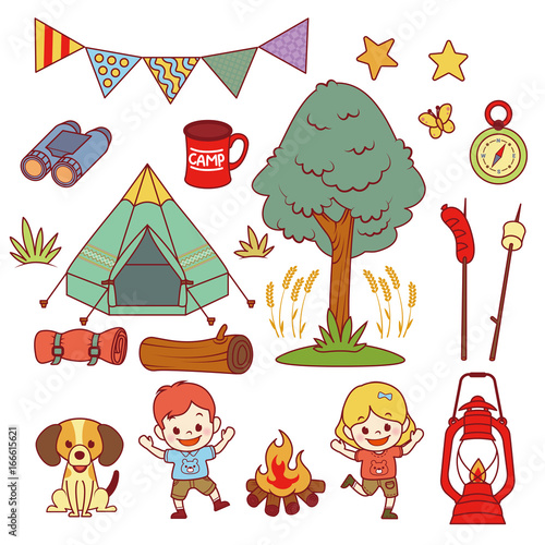 camping outdoor child clipart vector set
