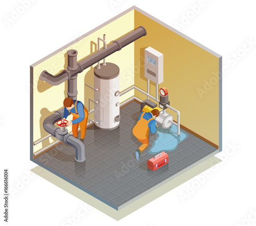 Plumbers Boiler Leak Fixing Isometric Composition
