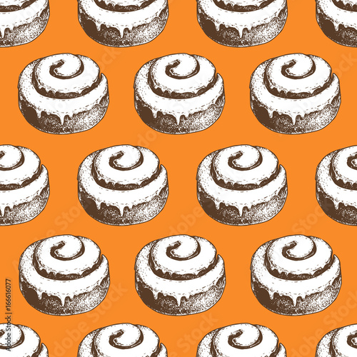 Hand drawn cinnamon roll buns seamless pattern. Orange background. Fresh baked template for bakery shops and markets.