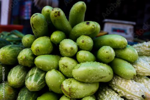 Egg plant  cucumbers  and bitter gourd in a market in India