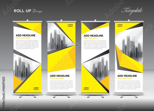 Roll up banner stand template design, Yellow banner layout, advertisement, pull up, polygon background, vector illustration, business flyer, display, x-banner, flag-banner, infographics, presentation photo