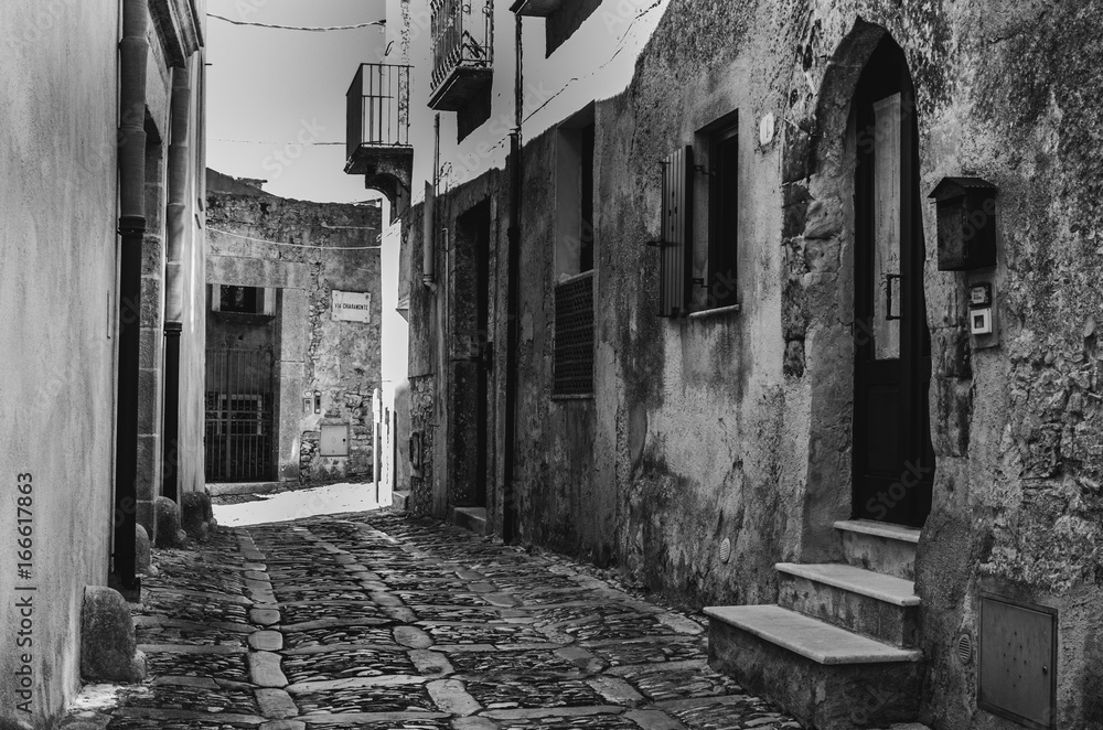 Streets of the city of erice in black and white