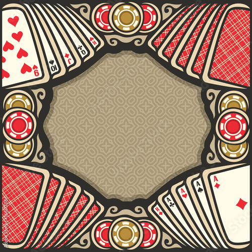 Vector poster for Poker gamble: frame with brown background for text on gambling theme, vintage poker table with retro playing cards of red backs top view, border with aces and gaming chips for casino