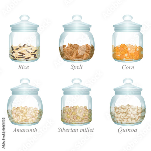 Six glass jars with cereals in them / There are rice, spelt, corn, amaranth, Siberian millet and quinoa in the glass jars
