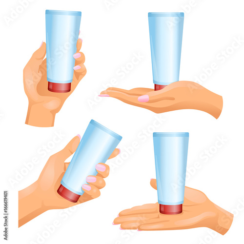 Hands with cosmetic tube in them on white background / Four woman’s hands with plastic opaque cosmetic tube
