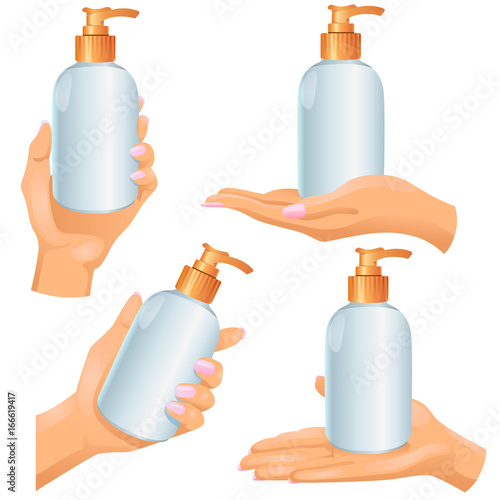 Hands with cosmetic bottle in them on white background / Four woman’s hands with plastic opaque cosmetic bottle
