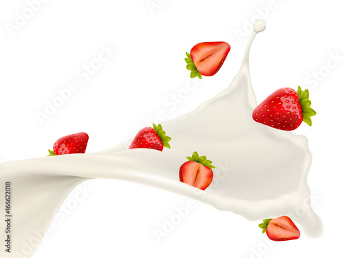 vector isolated milk splash with strawberry berries on white background