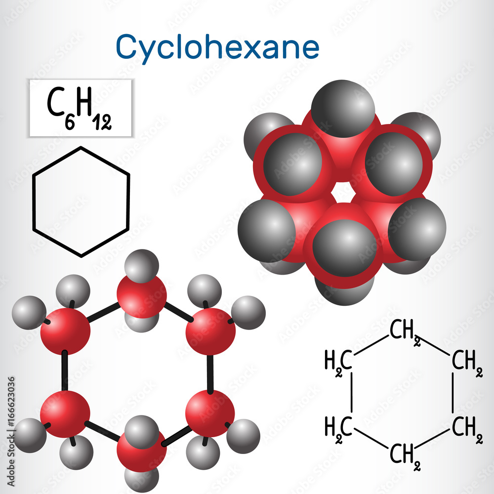 Cyclohexane molecule structural chemical formula and model Stock
