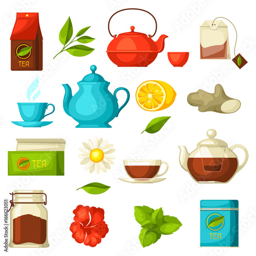 Set of tea and accessories, packs and kettles