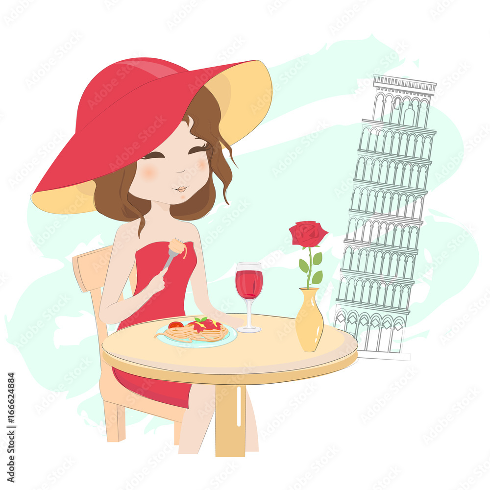 Pretty girl in a red hat and red dress having dinner in a street cafe ...