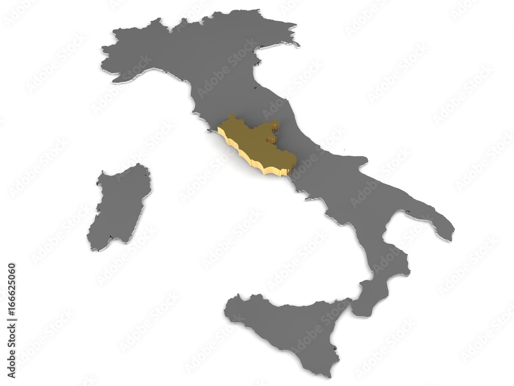 Italy 3d metallic map, whith lazio region highlighted 3d render