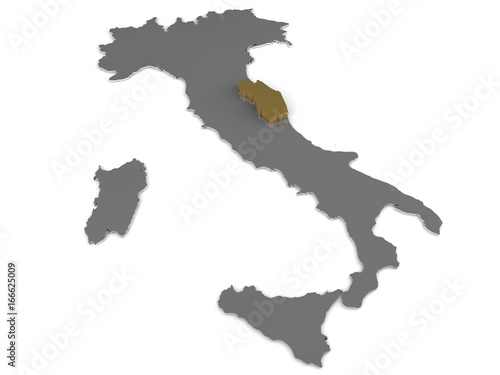 Italy 3d metallic map, whith marche region highlighted 3d render