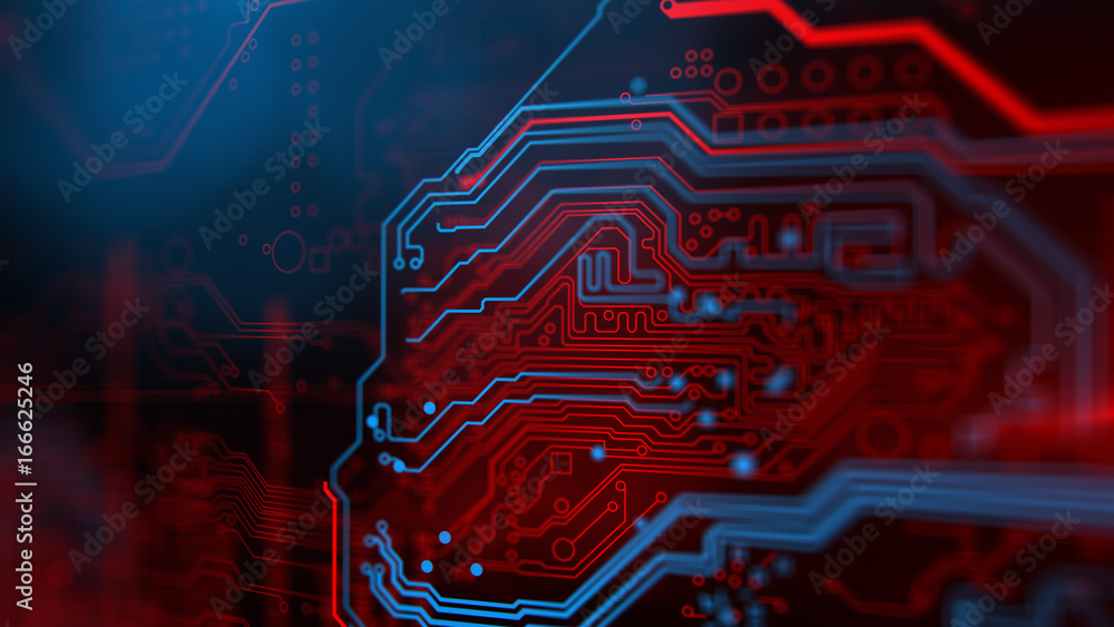 Blue, red background with digital integrated network technology
