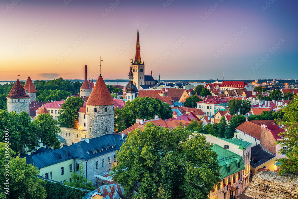 Tallinn, Estonia: aerial top view of the old town at sunset
