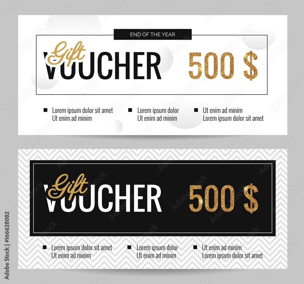 Black and white gift Voucher Coupon discount. Set of elegant gift certificate templates with gold price. Shopping concept.  Vector flat illustration