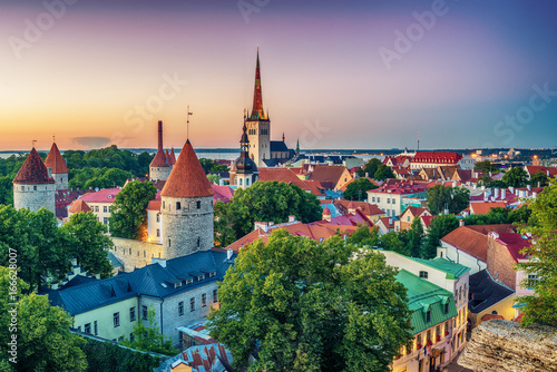 Tallinn, Estonia: aerial top view of the old town at sunset
 photo