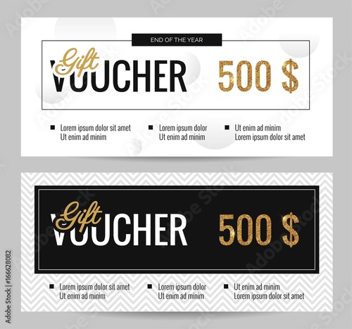 Black and white gift Voucher Coupon discount. Set of elegant gift certificate templates with gold price. Shopping concept.  Vector flat illustration
