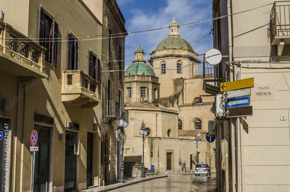 Street of mazara with cathedral in the background