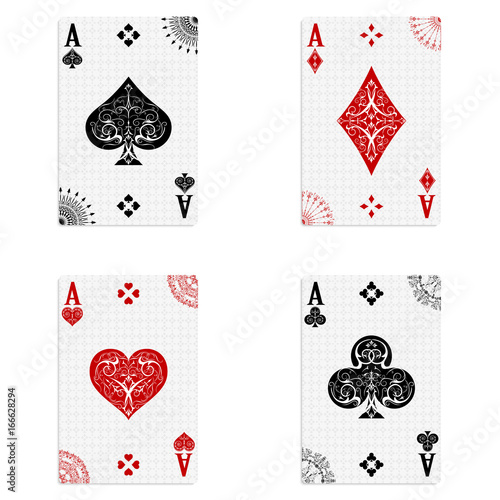 Set of four aces of a deck of cards for playing poker and casino on a white background in vintage style. spades, diamonds, clubs and hearts.