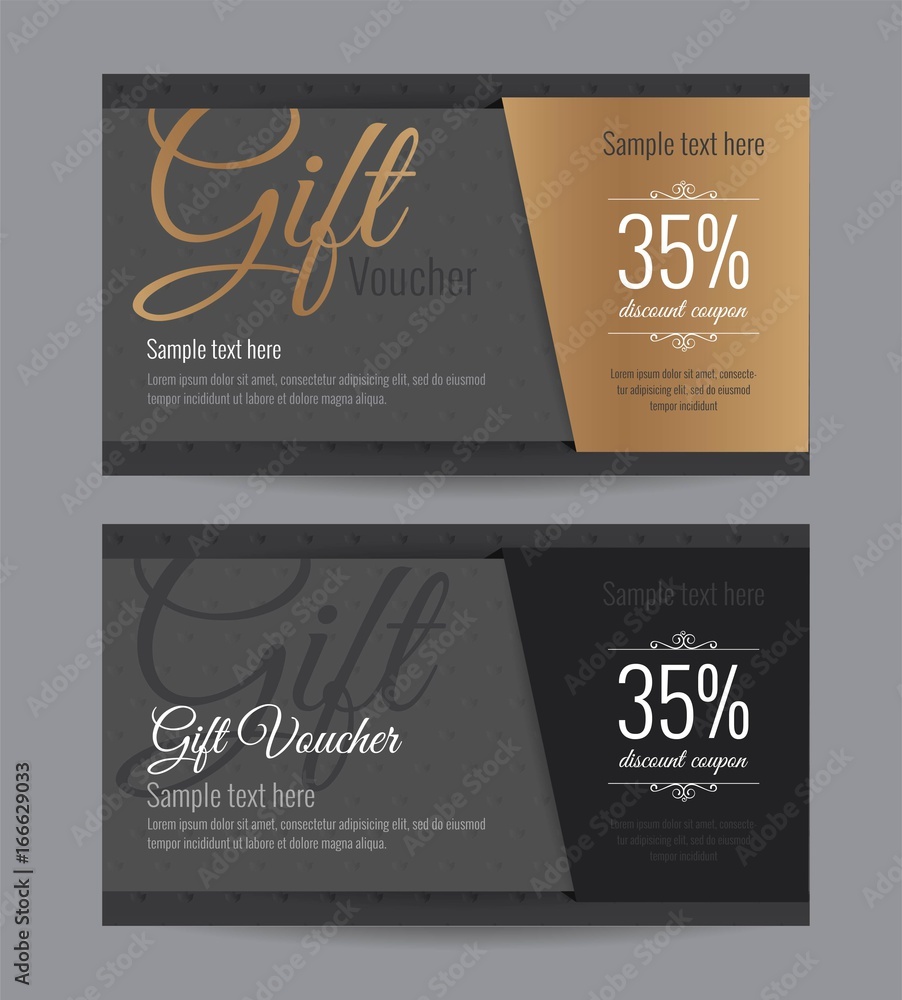 Gift voucher gold card and back card premium coupon. Design usable for gift coupon, voucher, invitation, certificate, diploma, ticket etc. Vector illustration