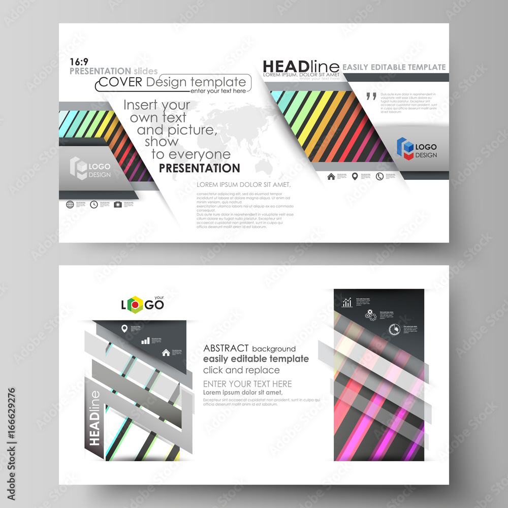 Set of business templates for presentation slides. Vector layouts in flat style. Bright color rectangles, colorful design with geometric rectangular shapes forming abstract beautiful background