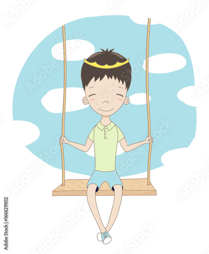Hand drawn vector illustration of a cute little prince (crown can be removed), sitting on a swing, with blue sky and white clouds in the background.