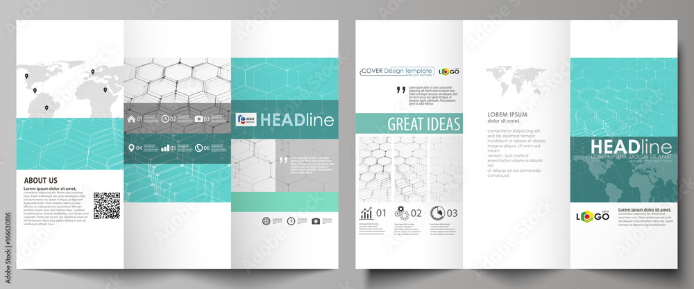 Tri-fold brochure business templates on both sides. Abstract vector layout in flat design. Chemistry pattern, hexagonal molecule structure on blue. Medicine, science and technology concept