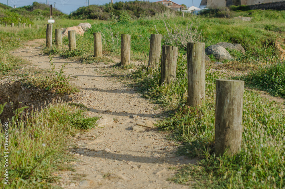 Winding path leading from the beach upwards near Porto Covo, Portugal.