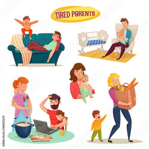 Tired Parents Isolated Decorative Elements 