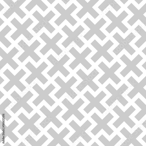 Abstract seamless pattern background. Mosaic of grey geometric crosses with white outline. Vector illustration.