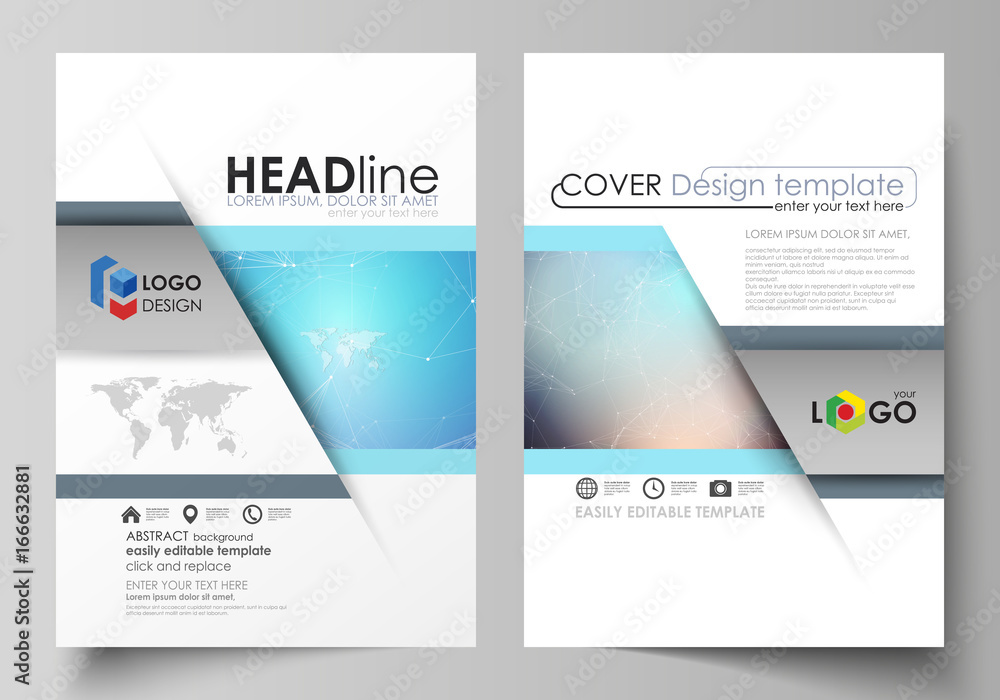 The vector illustration of the editable layout of two A4 format modern covers design templates for brochure, magazine, flyer, report. Molecule structure. Science, technology concept. Polygonal design.