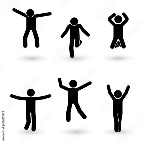 Stick figure happiness, freedom, jumping, motion set. Vector illustration of celebration poses pictogram