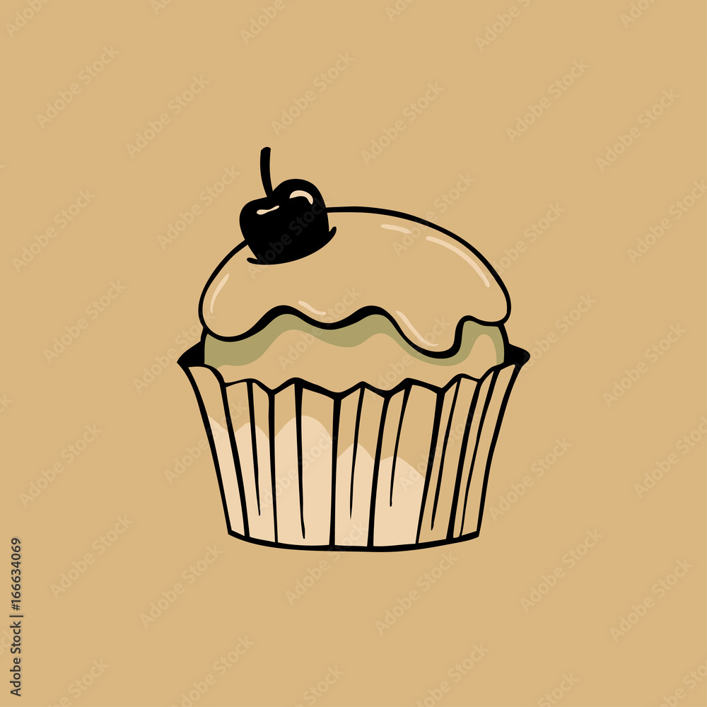 Cake with frosting and cherry. Vector illustration on kraft paper background. Suitable for making stamps, prints, laser engraving. Cake with frosting and cherry. Vector illustration on kraft paper background. Suitable for making stamps, prints, laser engraving.