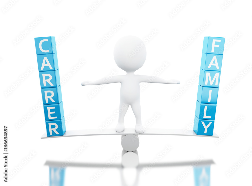 3d White people on a balance with the words FAMILY or CARRER. 3d White people on a balance with the words FAMILY or CARRER.