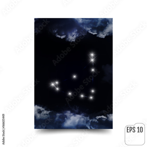 Symbol: Capricorn Zodiac Sign. The constellation is seen through the clouds in the night sky. Vector