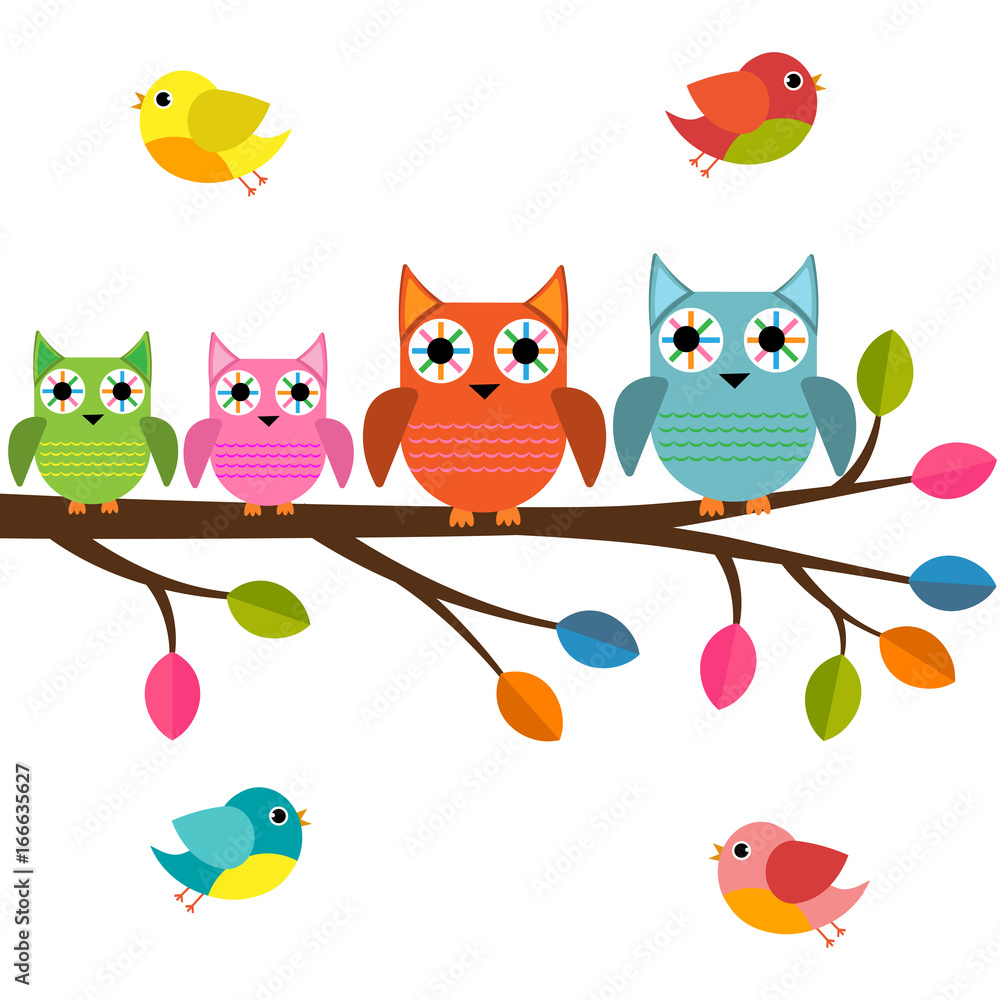 Fototapeta premium Four owls on a branch with birds