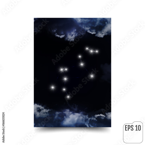 Leo Constellation. Zodiac Sign Leo. The constellation is seen through the clouds in the night sky. Vector
