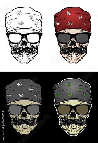 Biker Skull wearing bandana and sunglasses, drawing skull with 4 style color