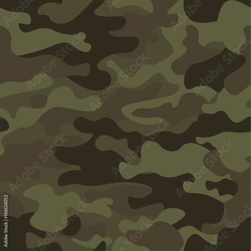 Camouflage seamless pattern background. Classic clothing style masking camo repeat print. Green brown black olive colors forest texture. Design element. Vector illustration.