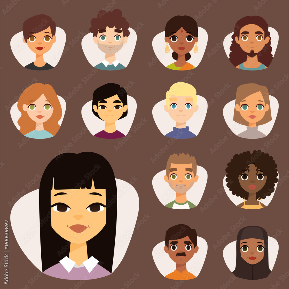 Set of diverse round avatars with facial features different nationalities clothes and hairstyles people characters vector illustration Set of diverse round avatars with facial features different nationalities clothes and hairstyles people characters vector illustration